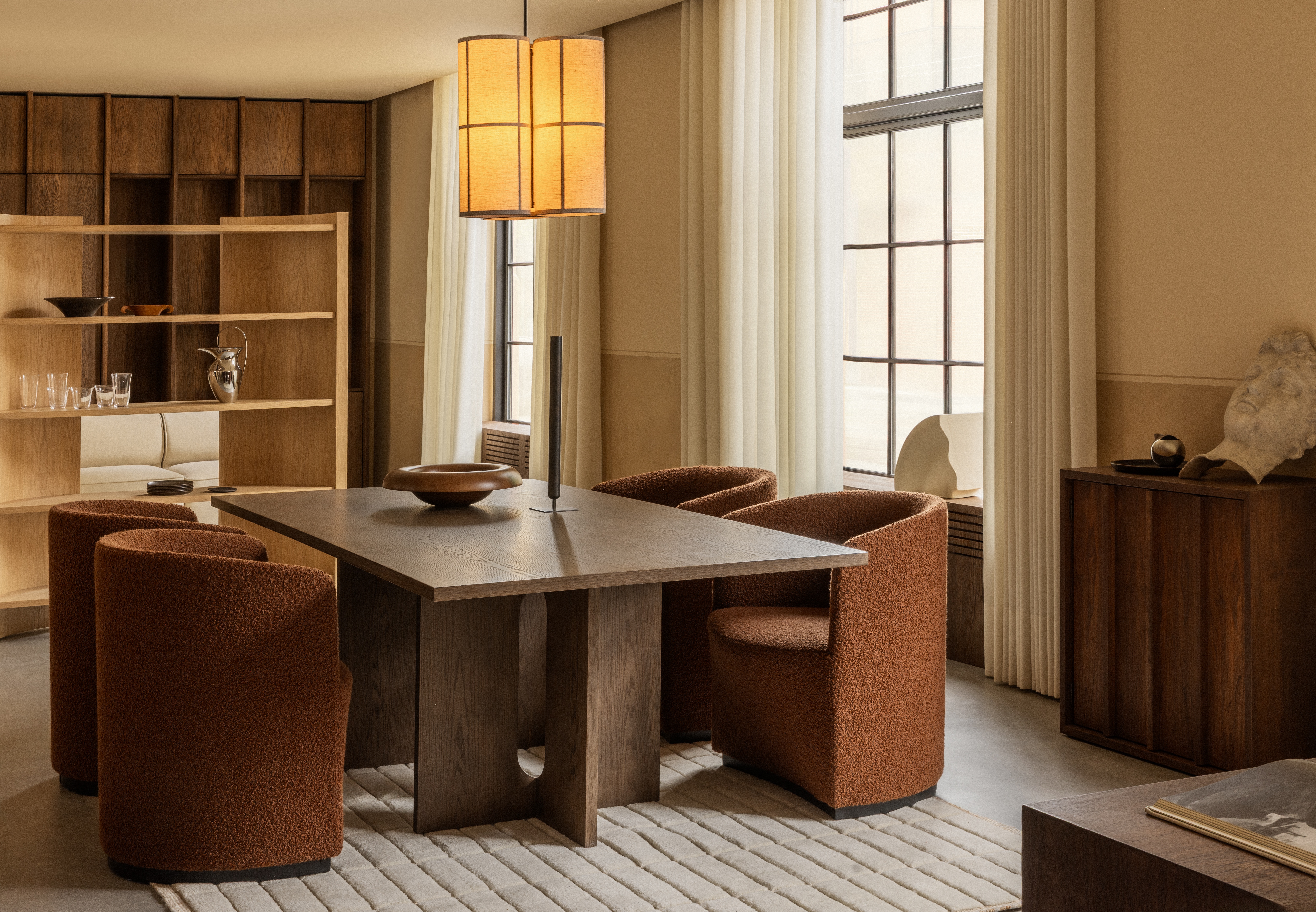 audo-tile-rug-androgyne-dining-table-crescent-shelving-173-hashira-pendant-lamp-cluster-tearoom-club-chair-2